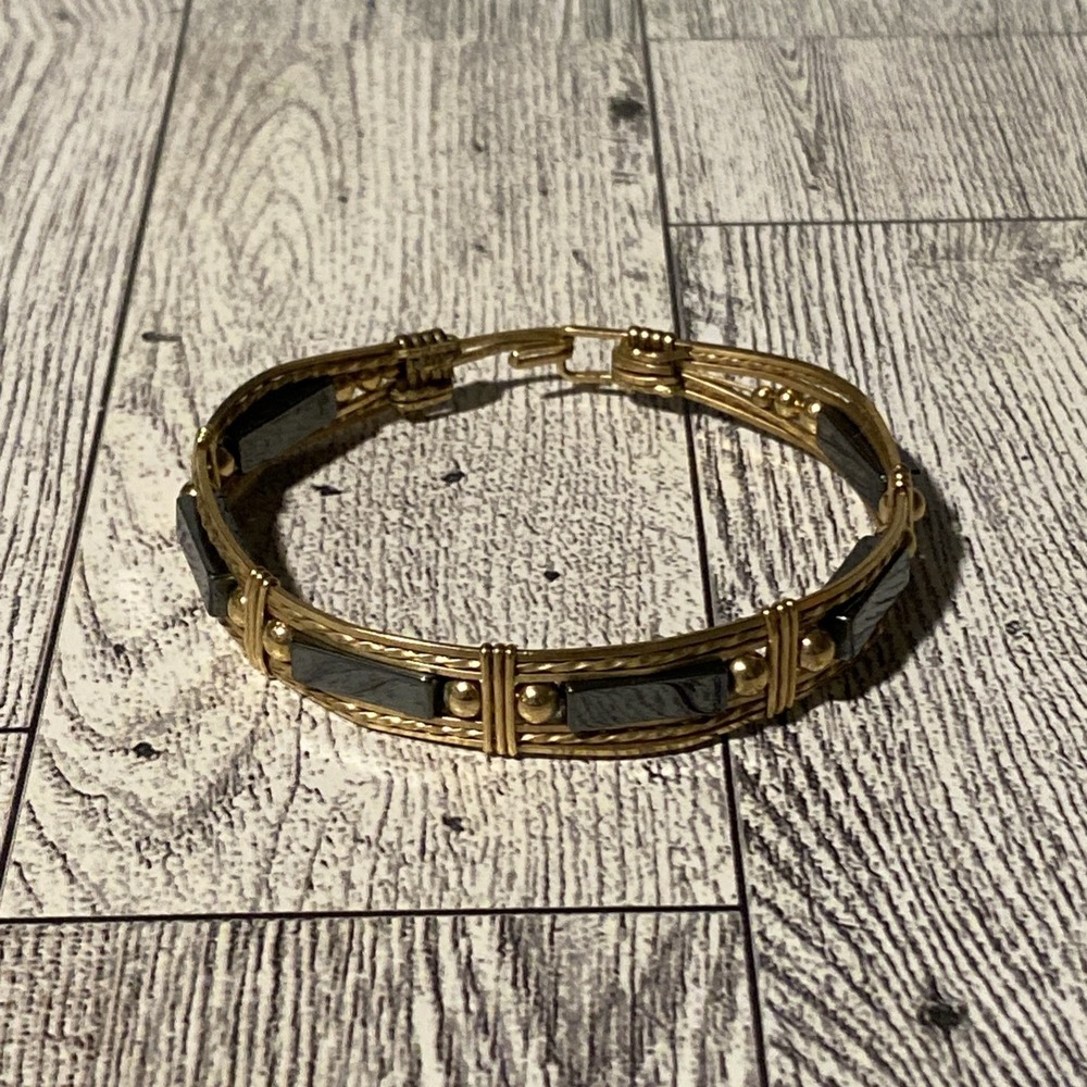 Vintage Hematite Bracelet Gold Plated Bangle 6.5" Hook Closure